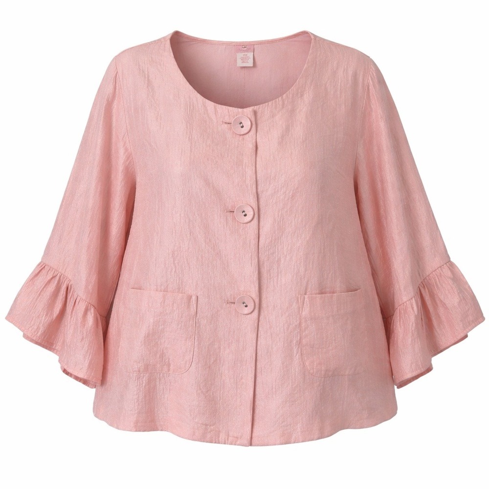 Ruby Rd Woman Pink Button Front Satin Jacket Ruffle Cuff Career Casual Top 18W‎